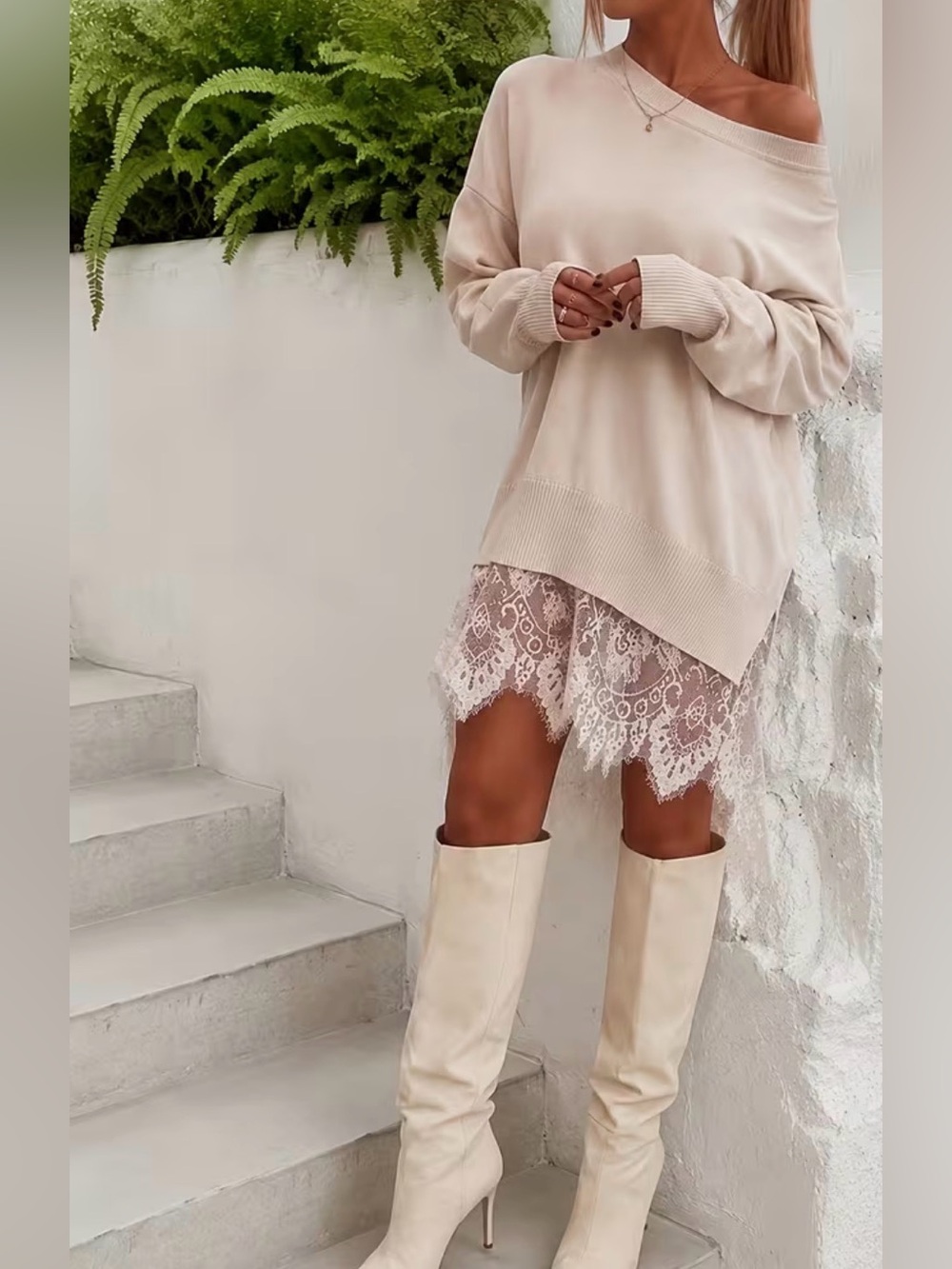 Cream Lace-Hem Sweater Dress with Knee Boots